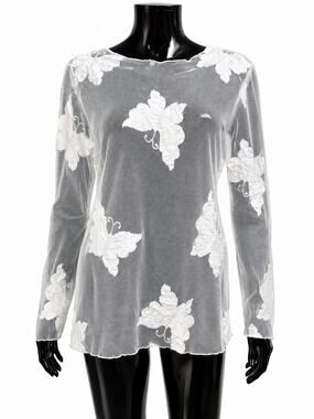 Karen Kane Lifestyle Sheer Mesh Floral Applique Top White Long Sleeve M